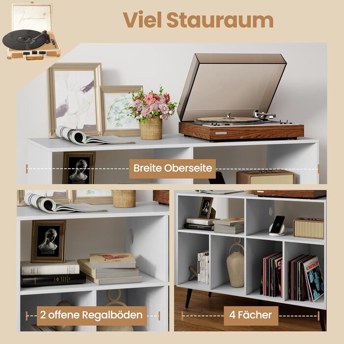 Підставка для програвача COSTWAY з зарядною станцією, тумба для програвача з полицями для зберігання вінілу, стіл для зберігання платівок з 5 металевими ніжками, комод для вітальні, музичної кімнати (білий)