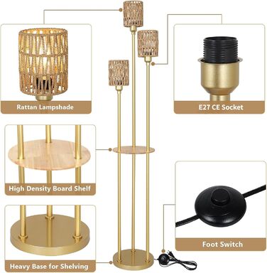Торшер з ротанга Rayofly, Бохо з полицею, 3 полум'я, вінтаж, 168см, золото