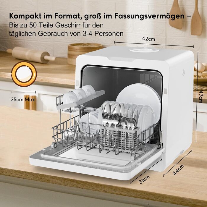 Компактна посудомийна машина Mini – портативна модель на стіл з 10 програмами, 5л баком, для 3 комплектів посуду, сенсорне керування, LED-дисплей, захист від переливу, для кухні, гуртожитку, кемпінгу [Енергоклас D]