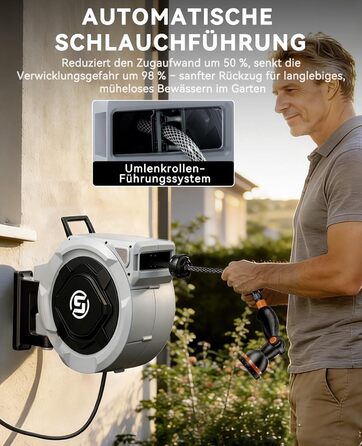 Шланговий барабан SUNPOW настінний 30м для саду, тераси та двору. Автоматичний намотувач шланга 16 мм з фіксацією, поворотна стійка 180°, 10-функціональна насадка для поливу.