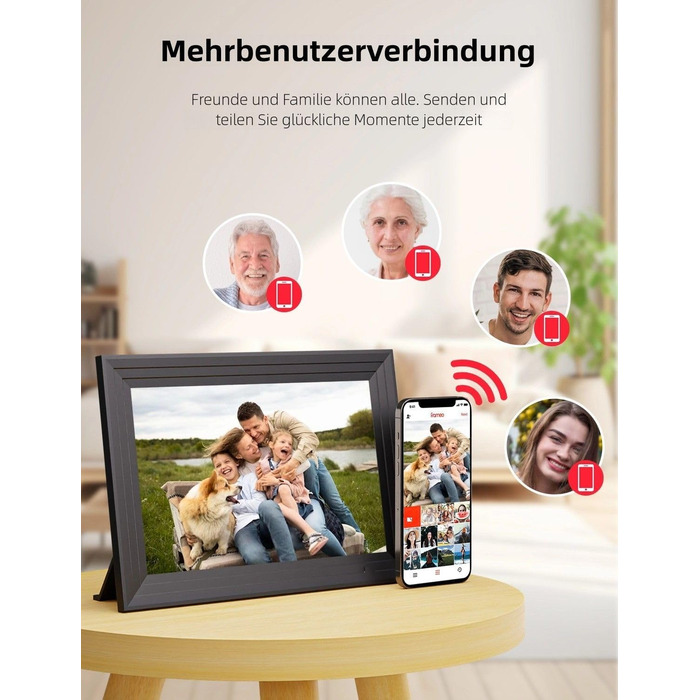 Цифровий фоторамка Frameo з Wi-Fi, 10.1 дюйма, 32GB, IPS сенсорний екран, HD 1280x800, автоматичне обертання, для фото та відео