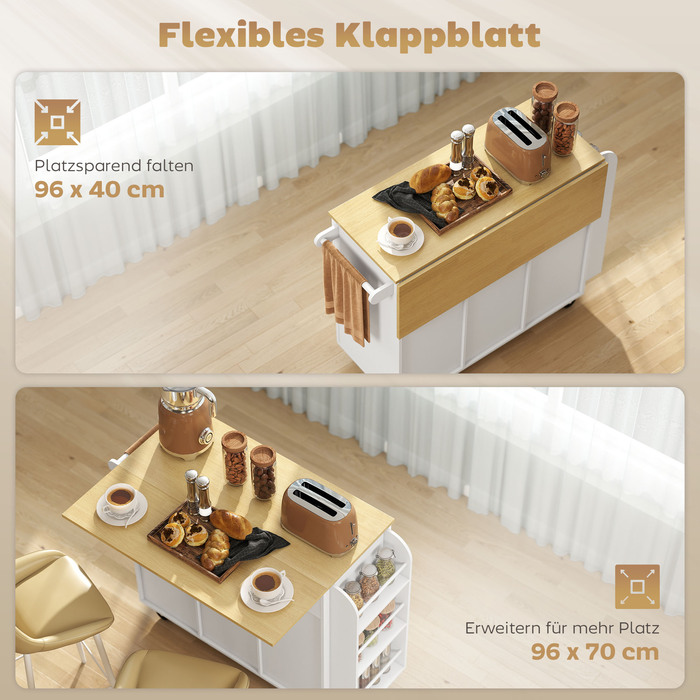 Кухонний острів на коліщатках з розкладним робочим столом, фасади з м'яким закриванням, висувні ящики, тримач для рушників, МДФ, білий