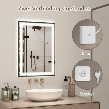 Дзеркало для ванної кімнати YOURLITE з підсвіткою, 85x55 см, LED, сенсорне керування, 3 кольори світла, регулювання яскравості, протизапобігання запотіванню, вертикальна/горизонтальна орієнтація, IP44, білий (чорний-5070)