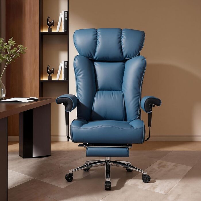 Офісний стілець Efomao XXL 200 кг з підставкою для ніг, штучна шкіра, висока спинка, регульовані підлокітники, підтримка попереку, сірий - для дому та офісу