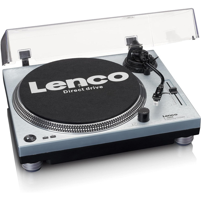 Програвач вінілу Lenco L-3809 з прямим приводом, DJ-платівковий, 33/45 об/хв, регулювання тону, магнітний звукознімач, підсвічування голки, білий (Blau Metallic)