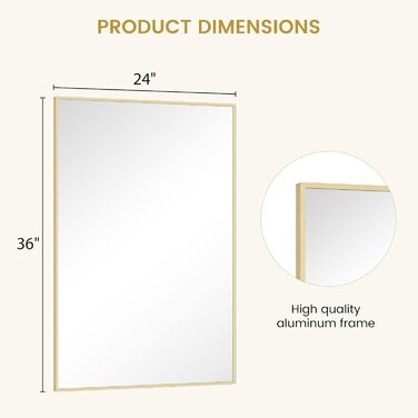 Дзеркало для ванної кімнати HOMECOOKIN 50.8 x 76.2 см з металевим каркасом, прямокутне, для встановлення над умивальником, вертикальне або горизонтальне (Золотий)