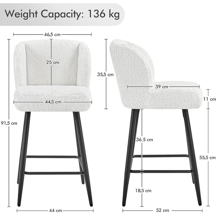 Набір Yaheetech з 2 барних стільців, букле, спинка у формі крила, підставка для ніг, металева, 67 см, 136 кг, біла