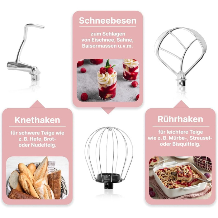 Кухонна машина Clatronic KM 3711 рожева 1100 Вт | 5л, з гаками для тіста та насадкою для збивання | для 3 кг тіста