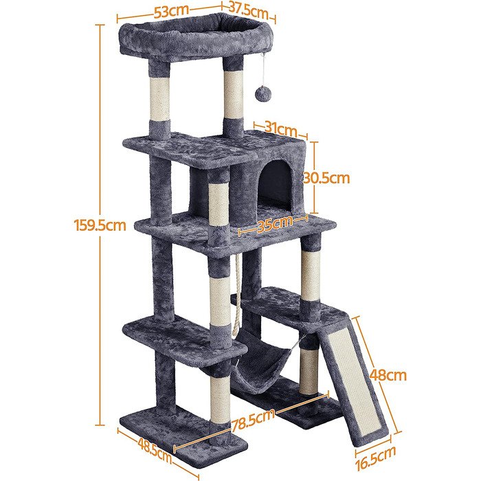 Кігтеточка для котів Yaheetech Cat Tree 159см Міцне котяче дерево з котячими печерами та платформами Ігровий будиночок для котів темно-сірий