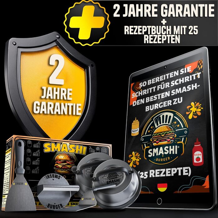 Набір для приготування бургерів SMASHI® з пресом та дзвоном – нержавіюча сталь 304, лопатка, 50 паперів для гриля, рецепти – оригінальний професійний набір