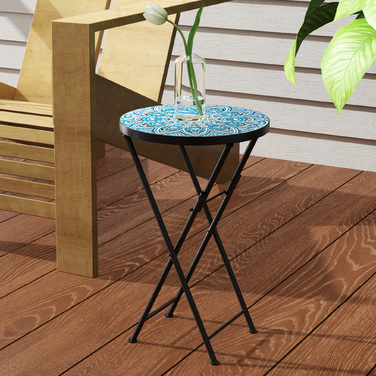 Outsunny Side Table Складаний садовий стіл з мозаїчним дизайном, Ø35,5 x 55 см Круглий стійкий до погодних умов металевий балконний стіл, Кемпінговий стіл Розкладний стіл Журнальний столик для вітальні, офіс, Відкритий Внутрішній, Синій, Синій