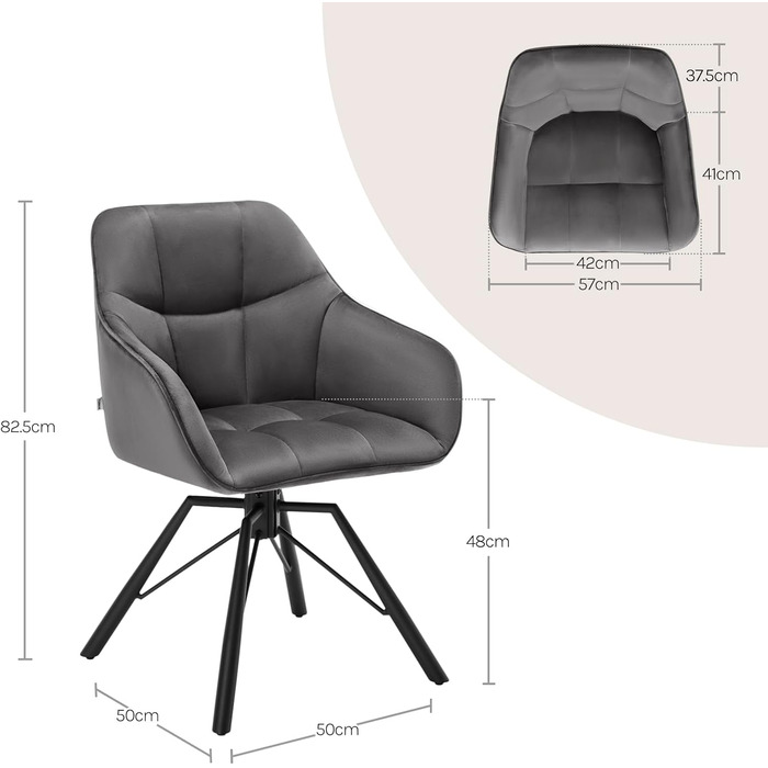 Крісла для їдальні WOLTU (4 шт) з оббивкою з велюру, сірого кольору, з підлокітниками та поворотним механізмом