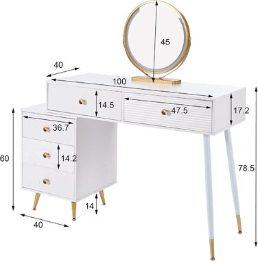 Туалетний столик Merax з дзеркалом та LED-підсвіткою, з бічною шафкою, 6 висувними ящиками та золотими ручками, білий, 102x100x41.5 см (без табурета)