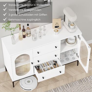 Буфет-шафа FirFurd 120 см білий з робочою поверхнею, 2 скляні дверцята та 3 висувні ящики для кухні, вітальні, їдальні. Розміри: 120x38x80 см