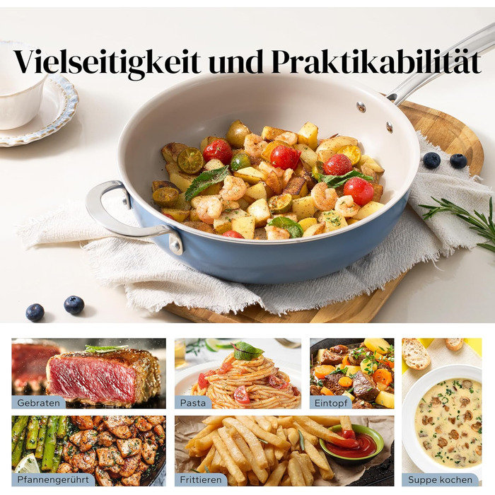 Сковорода Redchef 28 см з кришкою, антипригарне покриття, керамічна сковорода для індукції, з нержавіючою ручкою, без PTFE, PFOA, PFAS, для духовки, придатна для миття в посудомийній машині (Блакитна)