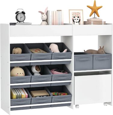 Дитяча полиця AIYAPLAY з 11 ящиками для зберігання, книжкова полиця для дітей, органайзер іграшок, полиця для дитячої кімнати з верхніми секціями, 3 наклейки для дитячої кімнати/садочка, 105 x 30 x 80 см, білий