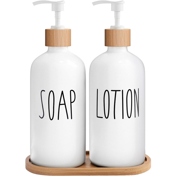 Набір для ванної кімнати MOMEEMO: дозатор мила, скляний дозатор, бамбукова помпа, піднос. Чорний колір, підходить для сільського декору