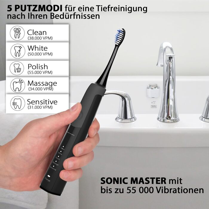 Електрична зубна щітка Tristan Auron SonicMaster (Блакитна) - 6 голів, чохол, 100 днів тестування, 5 режимів, 55 000 VPM, таймер 2 хв