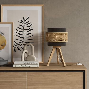 Настільна лампа Vicco Morten з ротангу та чорного кольору, 26 x 45 см, з підставкою