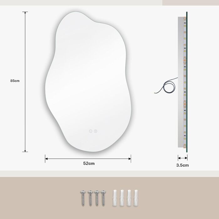 Дзеркало для ванної кімнати Dripex LED з підсвічуванням, сенсорне керування, регулювання яскравості, 3 кольори світла, без запотівання, асиметричне, 85x52 см