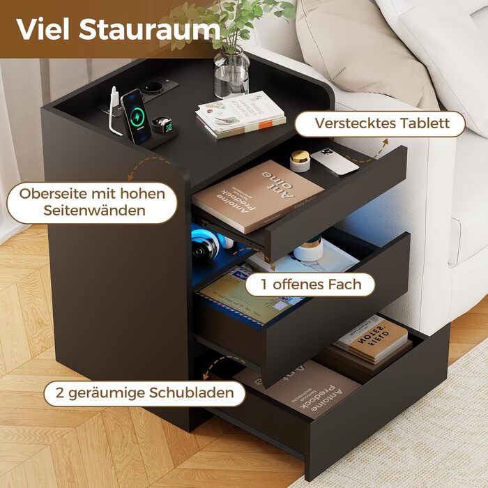 Нічний столик BEWISHOME 2 шт., з прихованою поличкою та розеткою, з функцією зарядки, для вітальні та спальні (чорний) EFCG02B