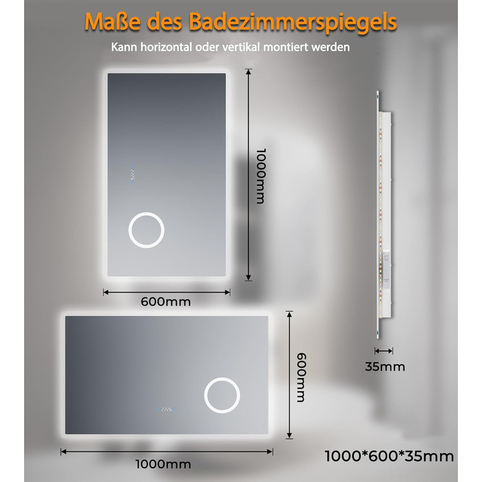 Дзеркало для ванної кімнати зі підсвічуванням SVNR, 70 x 50 см, LED, з 4 мм дзеркалом без вмісту міді, подвійне сенсорне керування, антизапарник, регулювання кольору світла (3000K-6400K), Smart-дзеркало з лупою 5x та розеткою для гоління