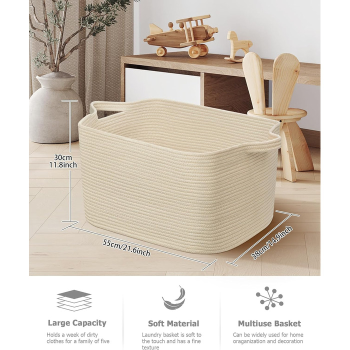 Складаний кошик для білизни, 63L, з бавовни, плетений, з ручкою, 2 шт. (білий та коричневий)