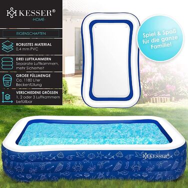 KESSER® Надувний сімейний басейн для дітей та дорослих, 305x183x56 см, 1180 л, дитячий басейн для саду, зливні отвори, блакитний