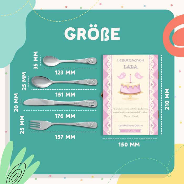 Набір дитячого столового прибору Maverton Kinderbesteck з гравіюванням + дерев'яна коробка з надруком (з тваринами) з нержавіючої сталі, коричневий. Подарунок для дівчинки на день народження, хрещення, народження. Різдвяні подарунки. Ведмедик (торт на ден