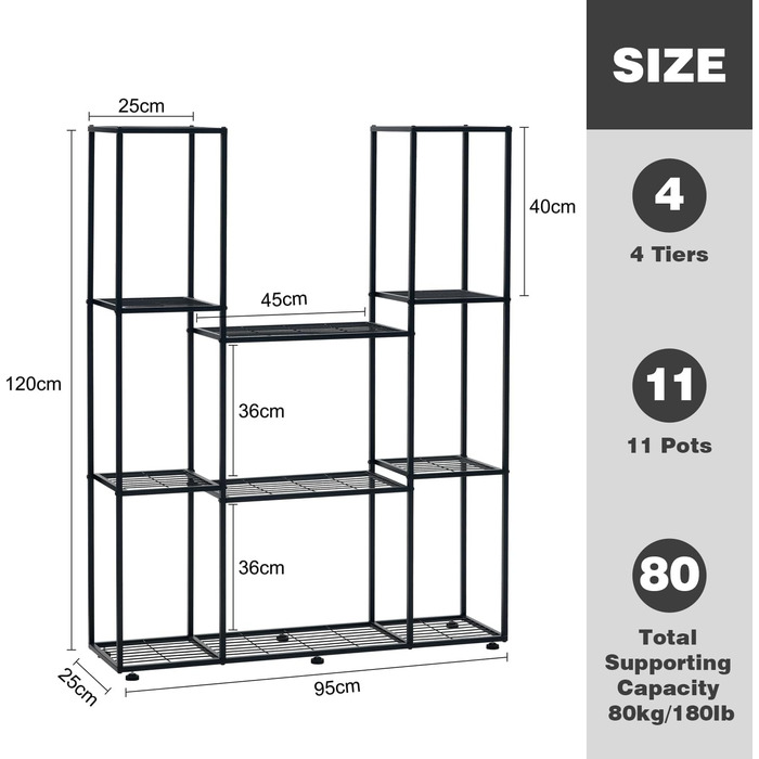 Підставка для квітів HUSFITLY металева, 4 яруси, 11 горщиків, водонепроникна, для саду/балкона/вітальні, чорна
