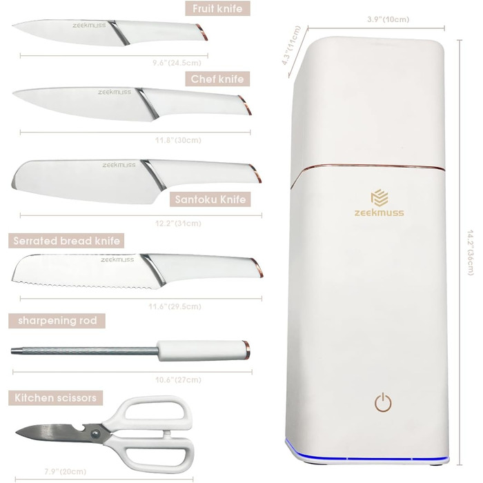 Набір ножів ZEEKMUSS: 6 ножів, точилка, кухові ножиці. Нержавіюча сталь, кухонні, для дому, подарунок (білий)