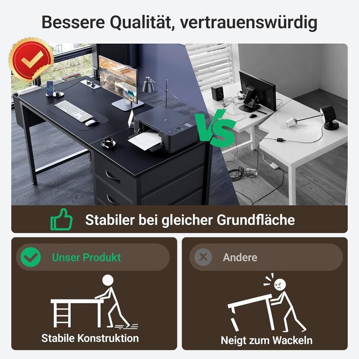 Комп'ютерний стіл Claiks з 3 шухлядами, 100x60 см, з розетками та USB, для дому та офісу, чорний