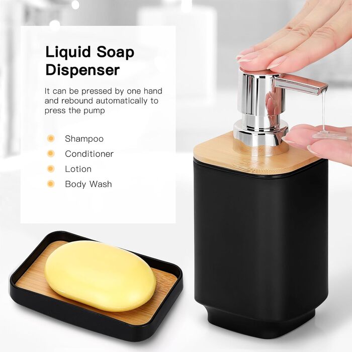 Набір аксесуарів для ванної кімнати JOTOM 6 шт. з бамбука, чорний: мильниця, дозатор мила, тримач для зубних щіток, стакан, сміттєве відро