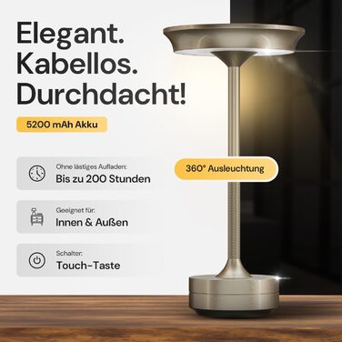 LED настільна лампа Designgold бездротова з акумулятором - стильний дизайн, 3 кольори світла, регулювання яскравості, для дому та на вулицю, срібна