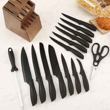 Набір ножів кухонних 15 шт. з дерев'яним блоком (з ножицями та точилкою). Набір ножів з блоком з масиву акації