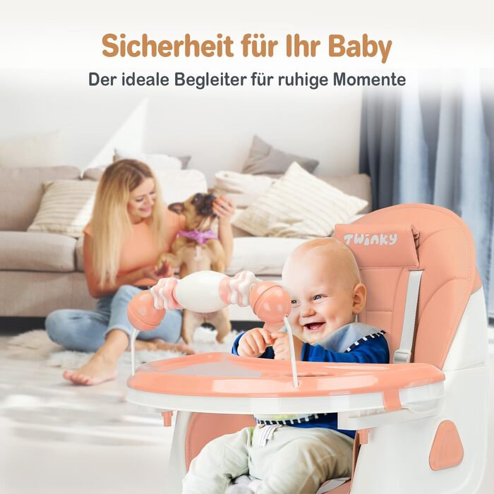 Дитячий стільчик для годування Twinky Hochstuhl Baby ECO з регульованою спинкою, функцією розкладання та столиком - підходить для новонароджених та дітей (Рожевий)