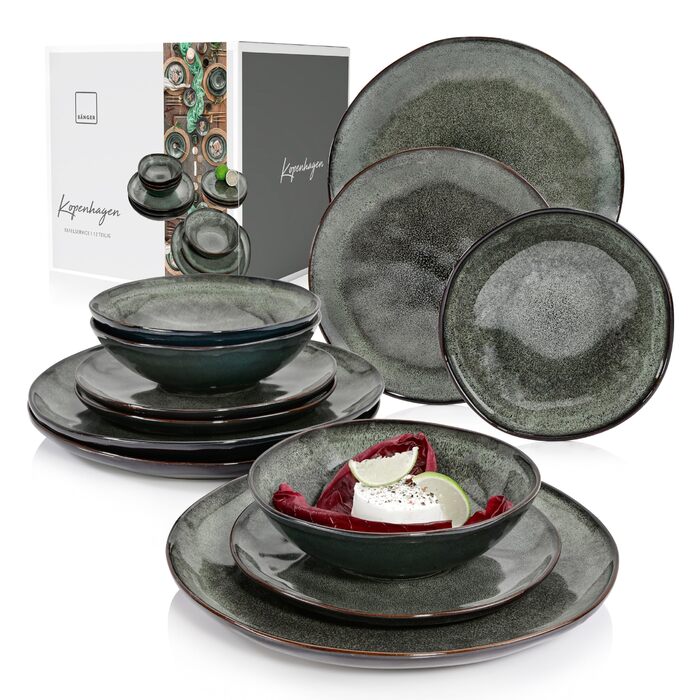 Набір посуду SÄNGER Копенгаген 12 предметів, керамічний, на 4 особи: обідні, сніданкові та глибокі тарілки, зелено-сірий, для посудомийної машини | PREMIUM COLLECTION