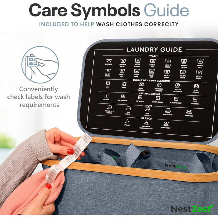 Кошик для білизни Nest Zest 100L з кришкою, 2 відділення для сортування, з інструкцією по догляду та 2 знімними внутрішніми кишенями, з бамбуковим обідком, Оксфордська тканина (Сірий)