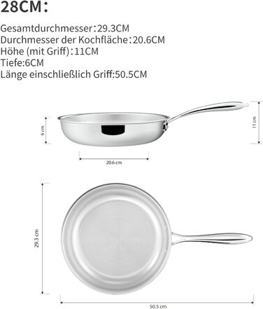 Набір сковорідок SANFELA 5-шарівний з нержавіючої сталі (24+28 см), сумісний з індукцією, для духовки та посудомийної машини