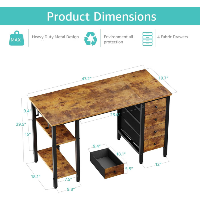 Комп'ютерний стіл Lufeiya з 4 висувними ящиками та полицями для зберігання. Сучасний стіл для дому, офісу, спальні, для студентів, під ПК. Рустичний коричневий, 119,4 см