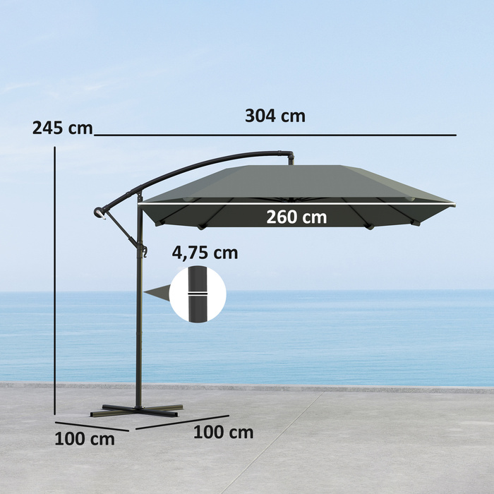 Парасолька Outsunny Centilever Alu Ø 260 см Парасолька, водонепроникна Кривошипна парасолька з підставкою, кривошипом, захистом від вітру, поворотна Ринкова парасолька похила Садова парасолька Захист від сонця для балкона Сад Патіо Темно-сірий