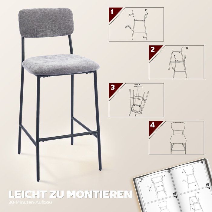 Набір з 2 барних стільців з м'яким сидінням, ідеально підходять для кухонної стільниці, домашнього бару. Мають спинку, підставку для ніг, оббивка з тканини, сталевий каркас, сірого кольору.