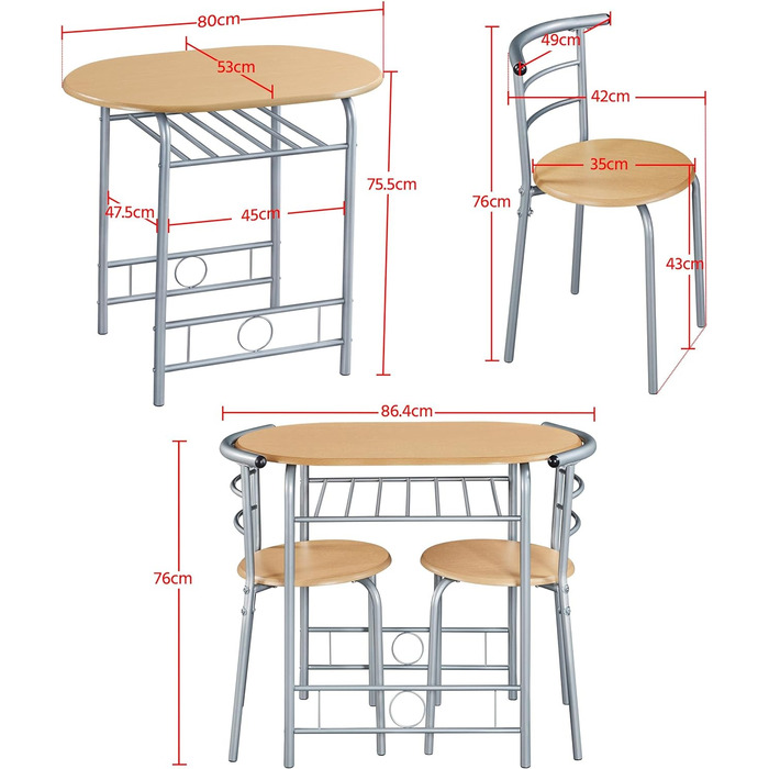 Обідній комплект обідній стіл і 2 стільці, компактні, дерево, 80x53x75.5 см, 3 шт.