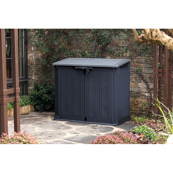 Keter Store it Out Nova пластиковий сарай для саду, 132x71,5x113,5 см, 880 л, темно-сірий, для 2x120 л сміттєвих баків, вуличний, водостійкий, з можливістю замикання