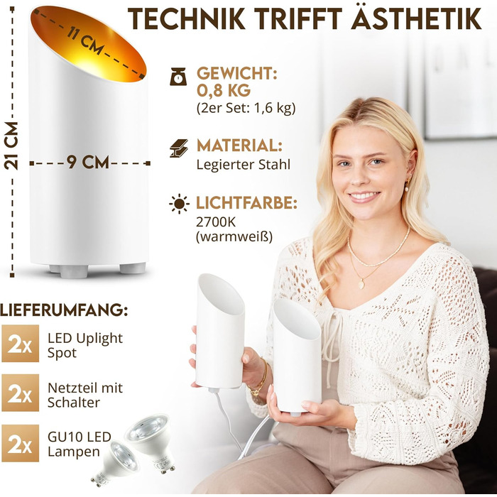 LED прожектор для підлоги (2 шт) білий 6W, напольний світильник для непрямого освітлення вітальні, з лампою GU10 230V, тепле біле світло 2700K