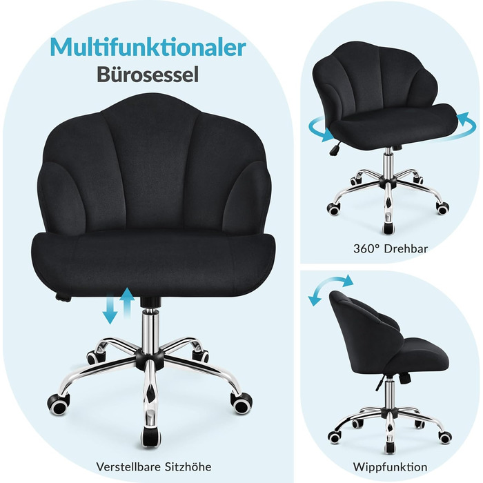 Крісло для дому та офісу Yaheetech, крісло для макіяжу, регульоване по висоті, поворотне, офісне крісло у формі мушлі з роликами, велюрове крісло, до 136 кг, білий (чорний)