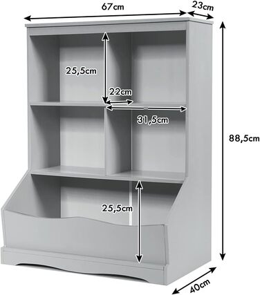 Ярусна шафа для іграшок COSTWAY, шафа для зберігання з відкритими відділеннями та коробкою, книжкова шафаКоробка для зберігання Стояча полиця для зберігання іграшок Дитяча кімната (сіра), 3-