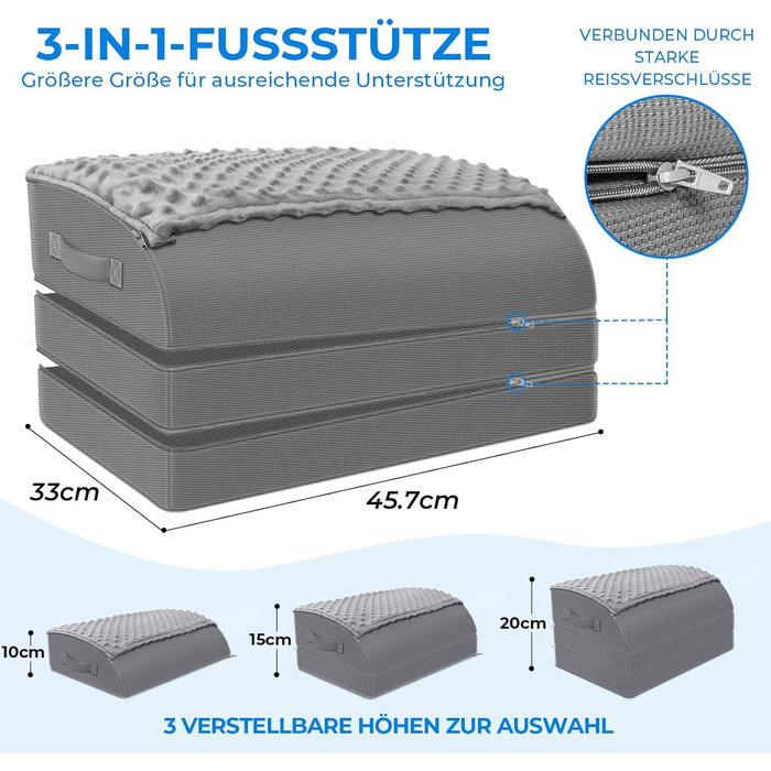 Підставка для ніг під стіл KingPavonini з гелевою пам'яттю, 3 положення, гріюча сумка для ніг, ергономічна підставка для офісного та ігрового крісла, сірий колір