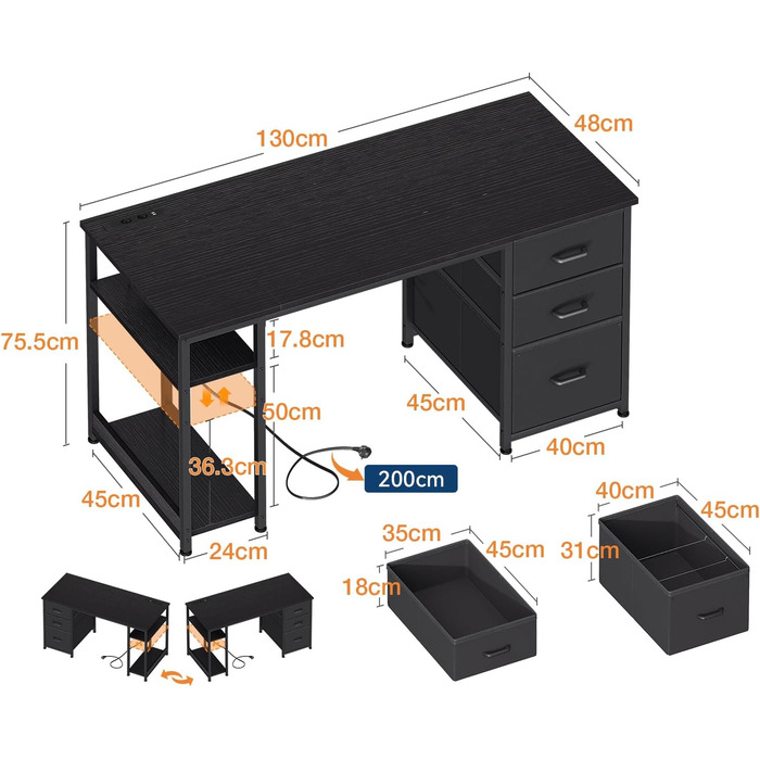 Комп'ютерний стіл Coleshome з висувними ящиками з тканини, 130x48 см. 2 розетки та 2 USB-порти для зарядки. Стільниця з полицею, реверсивний офісний стіл для дому та офісу (Чорний, 130x48x75.7 см)