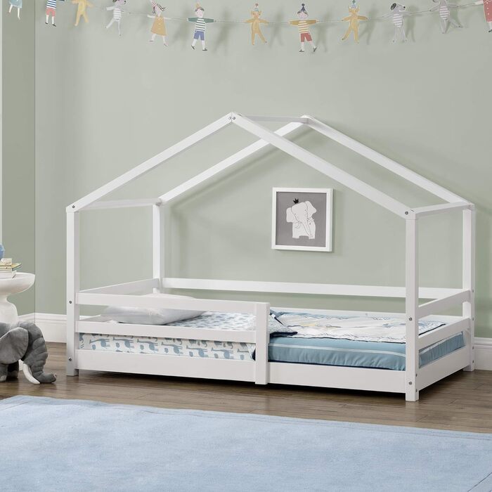 Дитяче ліжко Ліжко Kntten House Ліжко 90 х 200 см Дерев'яне дитяче ліжко із захистом від випадання Каркас ліжка з соснового дерева з рейковою основою Білий Білий 90x200 см